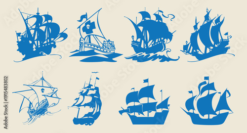Collection of seven blue sailing ships on a beige background