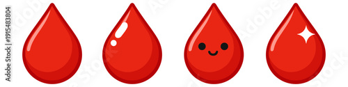 Four cartoon blood drops with different expressions and highlights on white background