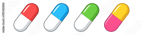 Four colorful capsules, red, blue, green, and yellow, arranged in a row on white background