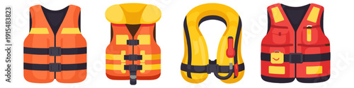 Collection of colorful life vests for water safety and outdoor activities