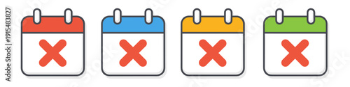 Four colorful calendars with red X marks indicating cancellation or rejection