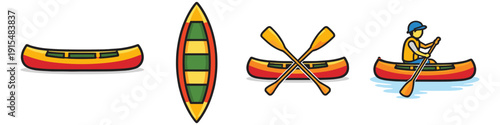 Canoe and paddle illustrations showing different views and a person paddling