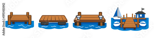 Collection of wooden docks and piers on blue water with boats and a small house