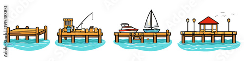 Collection of cartoon piers with boats, fishing gear, and a gazebo by the water
