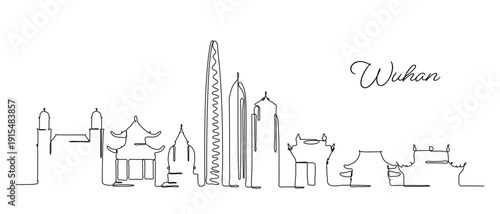 Wuhan City Skyline in Continuous Line Art Minimalist Style