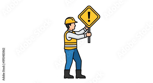 Construction Worker Holding Warning Sign.