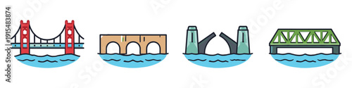 Collection of four distinct bridge types illustrated in a flat, colorful style over water