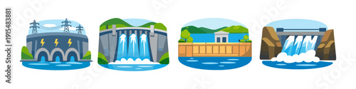 Collection of diverse hydroelectric dams generating clean renewable energy for power transmission
