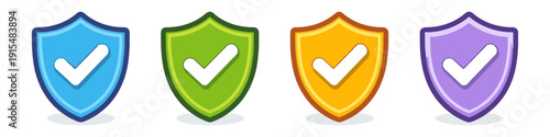 Collection of four colorful shield icons with white checkmarks indicating approval or security