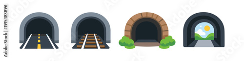 Collection of four different tunnel entrances: road, railway, stone, and exit to nature