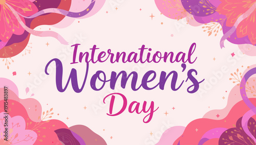 This flat design illustration celebrates International Women's Day with decorative text, flowers, and a ribbon, conveying a festive and respectful tribute to women
