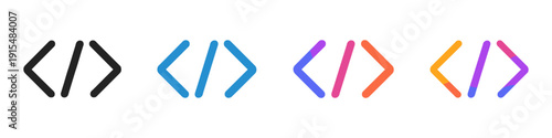 Set of four code brackets icons in black, blue, and gradient colors on white