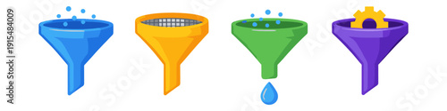 Four colorful funnels illustrating different stages of filtering and processing data