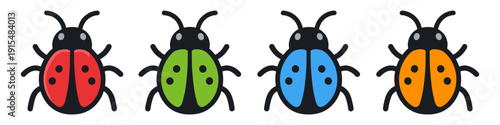 Collection of four colorful cartoon ladybugs with black spots and antennae