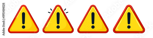 Set of four yellow warning triangles with exclamation marks and red borders