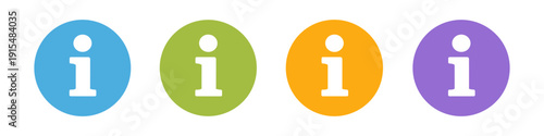 Four colorful information icons with the letter i inside circles on a white background
