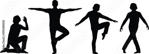 Yoga and meditation male silhouettes in different poses, balance and mindfulness concept isolated on white background