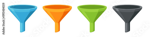 Four colorful funnels in a row, representing filtering and separation processes
