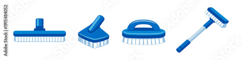Collection of blue cleaning brushes with different shapes and sizes on white background