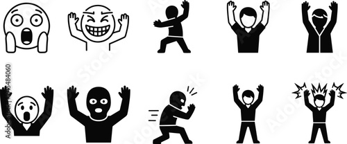 Surprised and excited people icons set with raised hands, black silhouette vector illustration isolated on white background