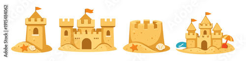 Collection of four cartoon sandcastles with flags, shells, and beach toys on white background