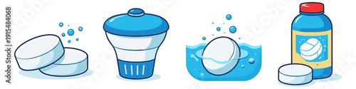 Pool cleaning supplies including tablets, dispenser, and bottle of chemicals