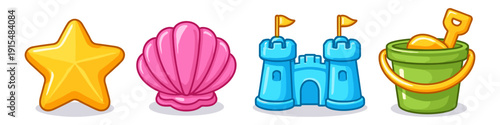 Collection of cartoon beach toys including a star, shell, sandcastle, and bucket