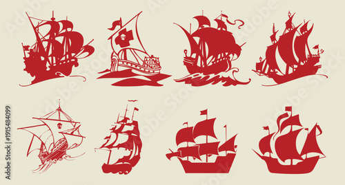 Collection of eight red silhouette ship illustrations on beige background