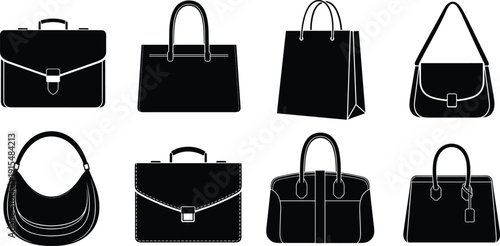 Women Handbag Silhouettes Collection Fashion Purse and Briefcase Set Vector Illustration Isolated on White Background
