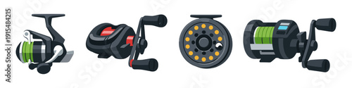 Collection of four different fishing reels, including spinning and baitcasting types