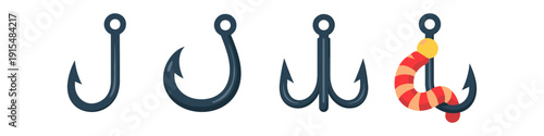 Collection of fishing hooks and a worm bait on a hook, isolated on white background