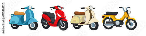 Collection of four colorful scooters and mopeds in a row on white background