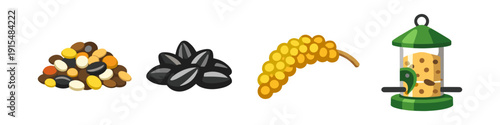 Collection of bird food and feeder items, including seeds, millet, and a feeder