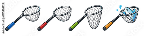 Collection of fishing nets with different colored handles and one with a fish