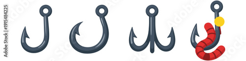 Collection of fishing hooks and a worm bait on a hook for angling and catching fish