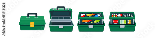 Set of four green fishing tackle boxes, showing closed and open views with lures and gear