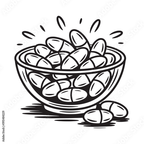 A black and white illustration of a bowl filled with capsules or pills