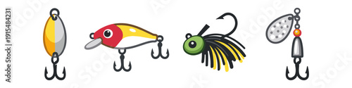 Collection of four colorful cartoon fishing lures on a white background