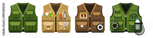 Collection of fishing vests with various accessories and tools for outdoor activities