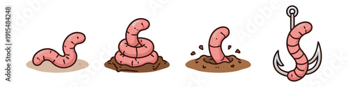 Cute cartoon earthworm icons showing a worm resting, coiled, emerging, burrowing and on a hook