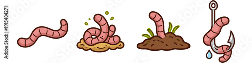 Cartoon earthworms in different stages: crawling, in soil, and on a fishing hook