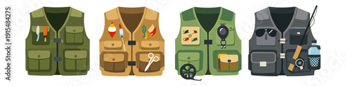 Four fishing vests with various accessories displayed on white background