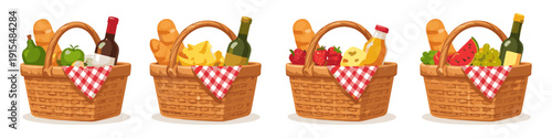 Four different picnic baskets filled with assorted food and drinks for outdoor enjoyment