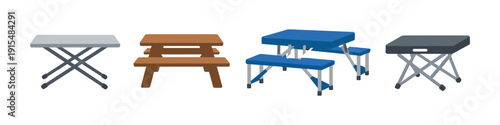 Collection of portable folding tables and picnic benches for outdoor activities