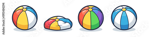 Collection of colorful beach balls in various states of inflation and design
