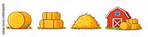 Farm scene with hay bales, haystack, and red barn illustration