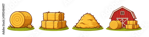 Farm scene with hay bales, haystack, and red barn illustration