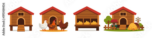 Collection of cartoon chicken coops and farm elements with chickens and eggs