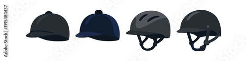 Collection of equestrian riding helmets and jockey caps in black and navy blue