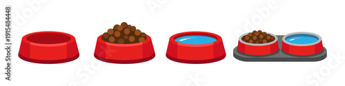 Collection of red pet bowls showing empty, full of food, with water, and dual feeder